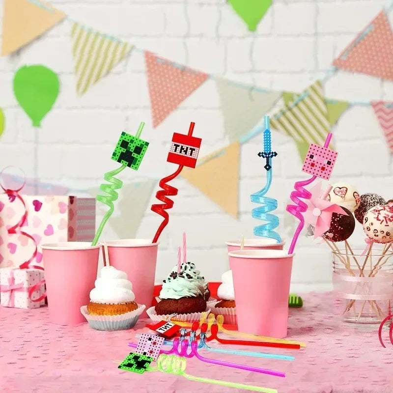 8pcs MineCraftes Straw Reusable My World Miner Plastic Spiral Drinking Straws Kids Birthday Party Decorations Juice Straws