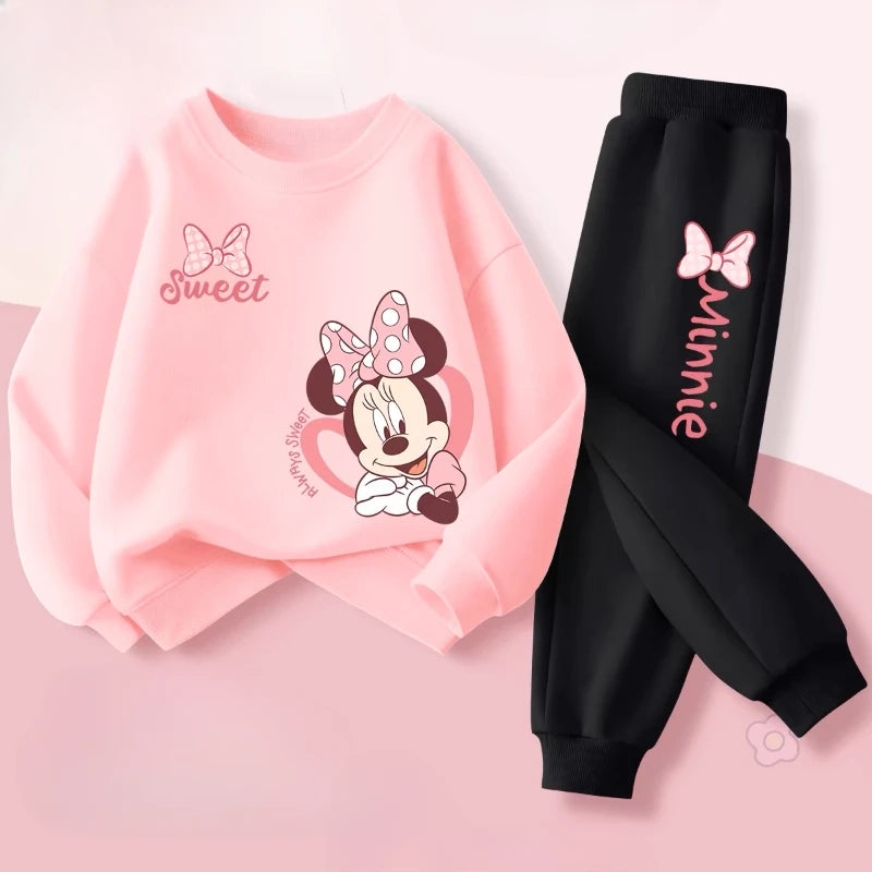 Pink Series Minnie Print Spring New Children's Clothing Sets Girls Long Sleeved Pullover Pants 2pcs Suit Kids Casual Sweatsuit