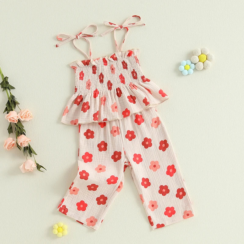 Girls Floral Print Sleeveless Top and Pants Set Tie-up Pleated Camisole with Trousers Summer Outfit for Kids
