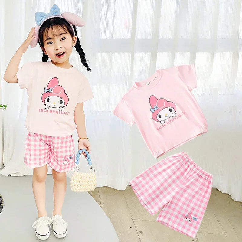Kids Boys Girls Summer Cartoon Print Short Sleeve T-Shirt Tops with Shorts Toddler Baby Clothing Sets Kitty Kuromi Kids Outfits