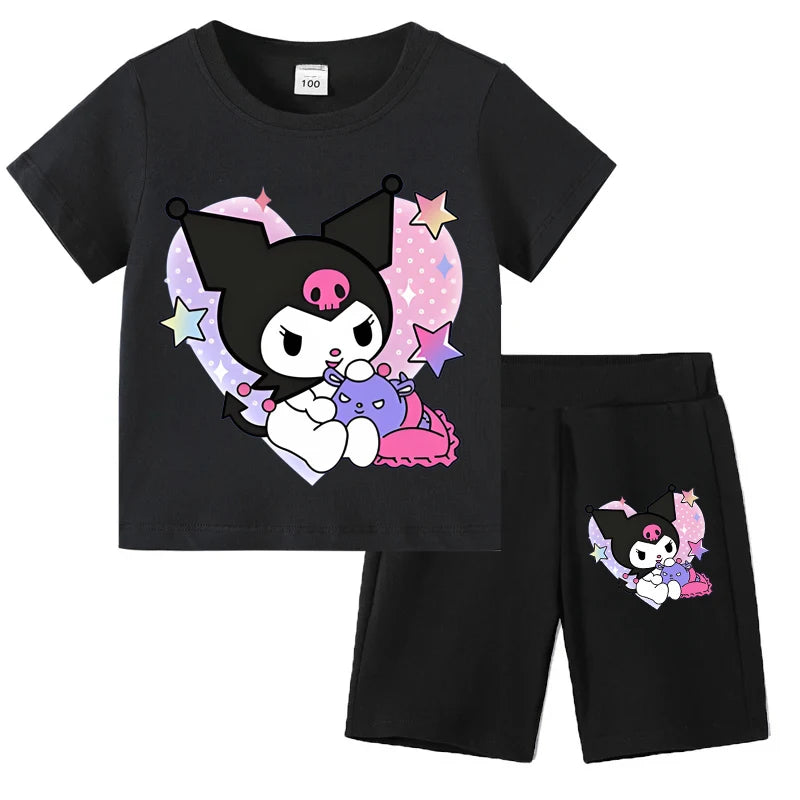 Sanrio Children's T-shirts Set Kuromi Printed Girls Summer Trend Baby Short Sleeve Shorts Two-piece Set Kids Outfits