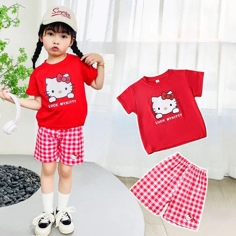 Kids Boys Girls Summer Cartoon Print Short Sleeve T-Shirt Tops with Shorts Toddler Baby Clothing Sets Kitty Kuromi Kids Outfits
