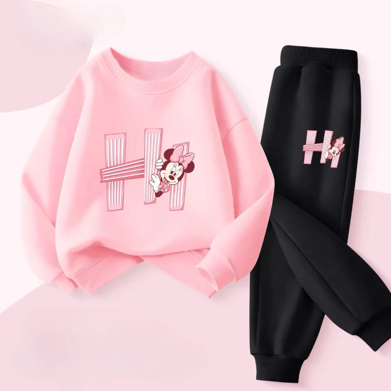 Pink Series Minnie Print Spring New Children's Clothing Sets Girls Long Sleeved Pullover Pants 2pcs Suit Kids Casual Sweatsuit