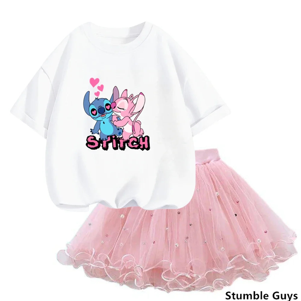 Dresses For Girl Summer Fashion Wear Outfit Kids cute Stitch T-Shirt Party Baby Costumes For Children Tulle Tutu Skirt Clothing