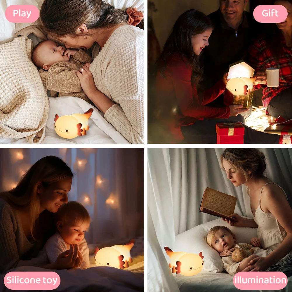 Novelty Silicone Axolotl Night Light Rechargeable Nursery Sleeping Lamp Touch Control Nightlights for Baby Room Decor