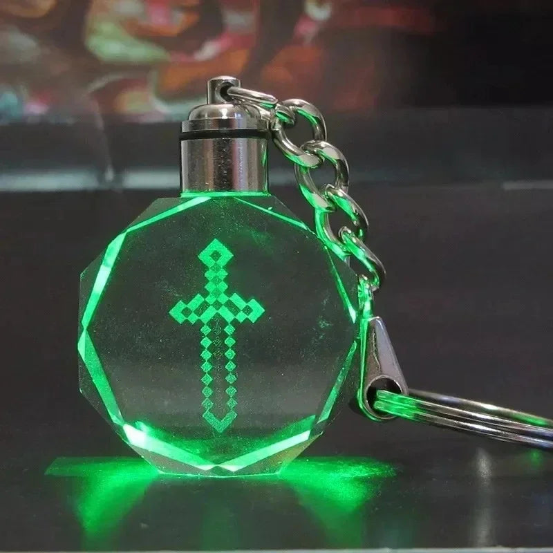 Minecraft Steve Figure Glass Led Colored Light Keychain Toy DIAMOND ARMOR CREEPER TNT Sword Keyring Pendant Kids Birthday Gift