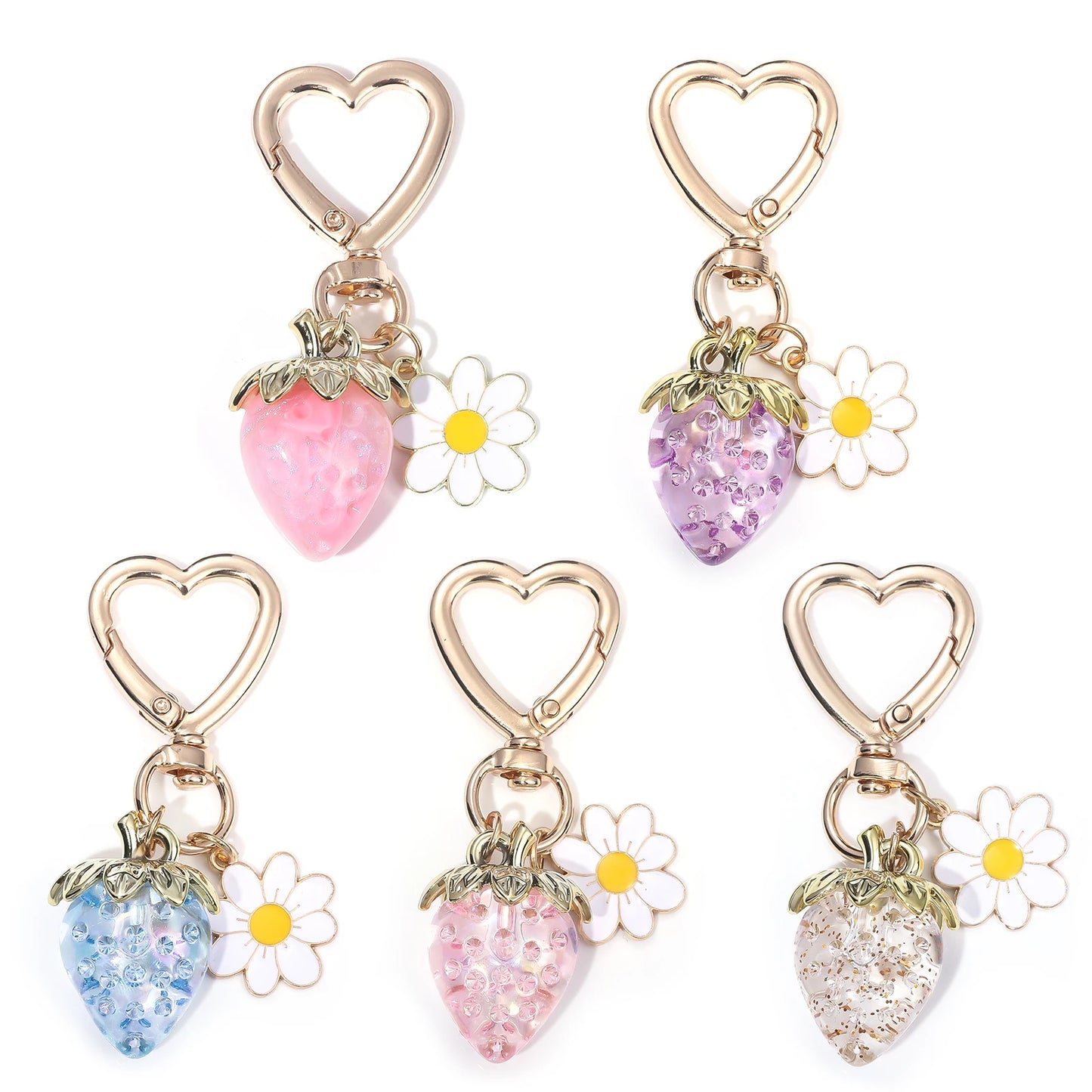 Cute Strawberry Bag Pendant Keychain Kawaii Heart Flower Daisy Key Chain for Women Girs Bag Purse Pendant Accessories Gift