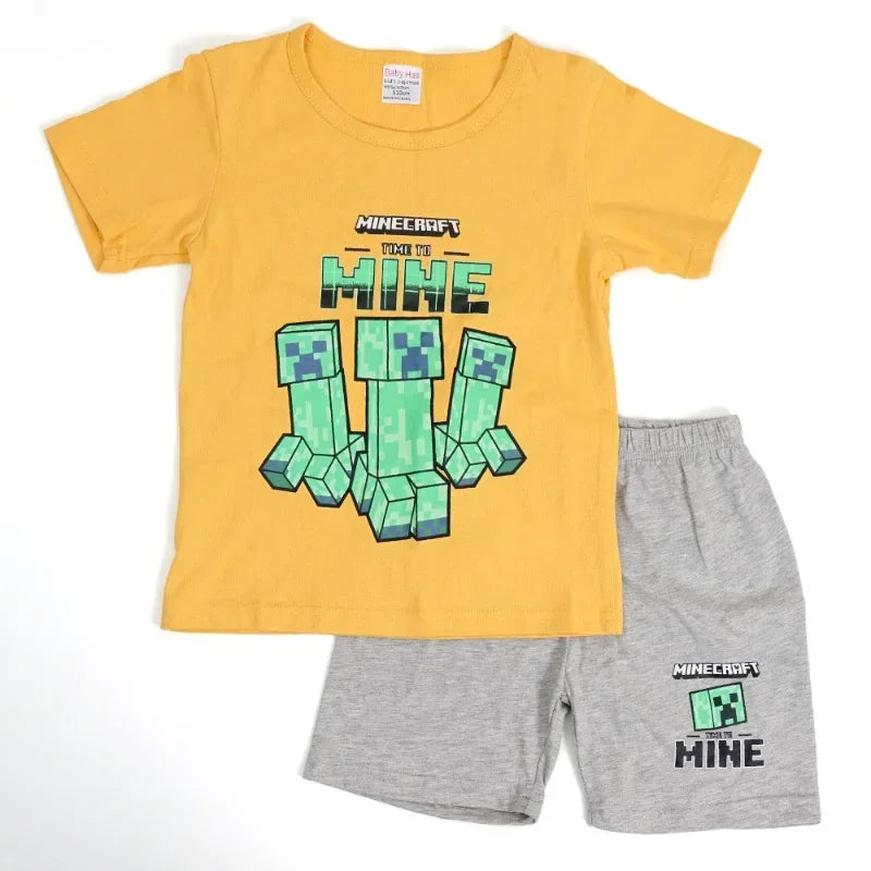 Cartoon Minecrafts Summer Boys T-shirt Pants Suit 2pcs Set Children Short Sleeve Tee Shorts Clothes