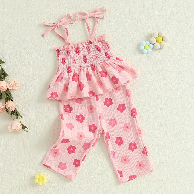 Girls Floral Print Sleeveless Top and Pants Set Tie-up Pleated Camisole with Trousers Summer Outfit for Kids
