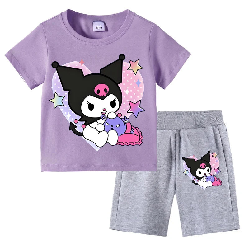 Sanrio Children's T-shirts Set Kuromi Printed Girls Summer Trend Baby Short Sleeve Shorts Two-piece Set Kids Outfits