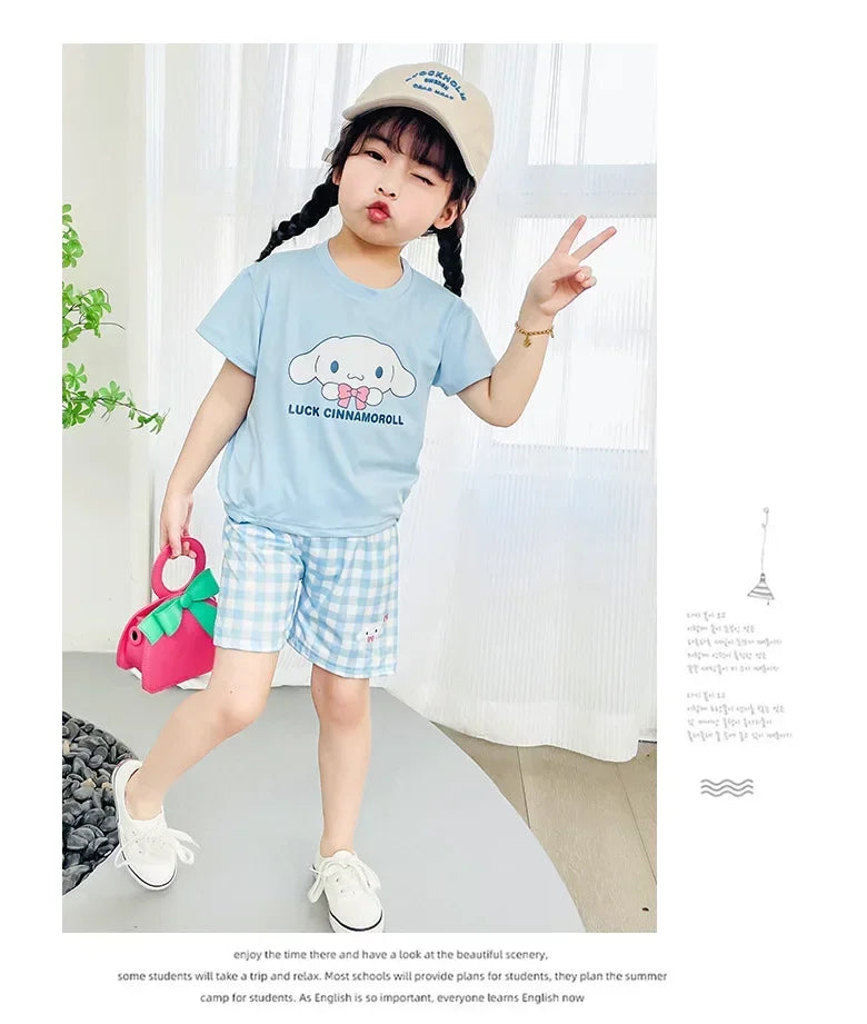 Kids Boys Girls Summer Cartoon Print Short Sleeve T-Shirt Tops with Shorts Toddler Baby Clothing Sets Kitty Kuromi Kids Outfits