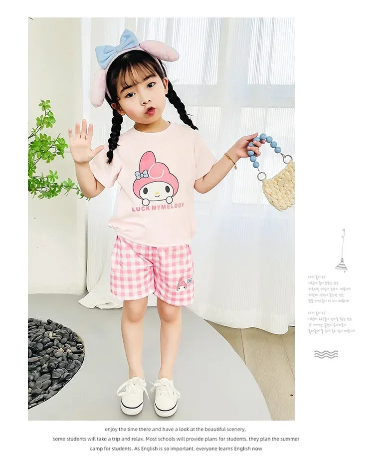 Kids Boys Girls Summer Cartoon Print Short Sleeve T-Shirt Tops with Shorts Toddler Baby Clothing Sets Kitty Kuromi Kids Outfits