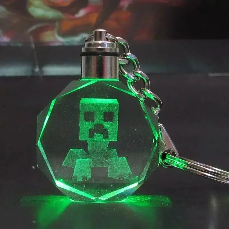 Minecraft Steve Figure Glass Led Colored Light Keychain Toy DIAMOND ARMOR CREEPER TNT Sword Keyring Pendant Kids Birthday Gift