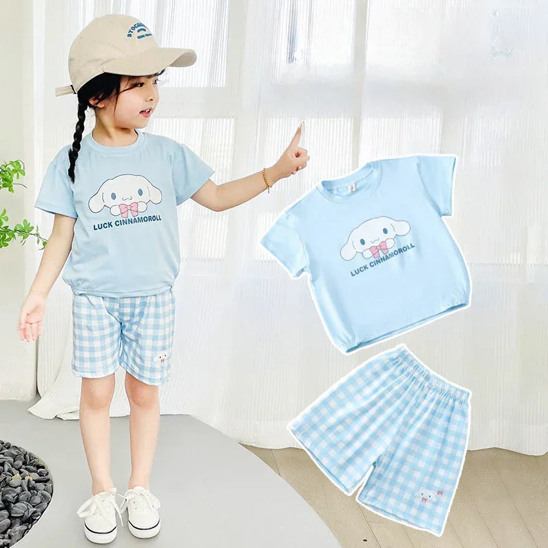 Kids Boys Girls Summer Cartoon Print Short Sleeve T-Shirt Tops with Shorts Toddler Baby Clothing Sets Kitty Kuromi Kids Outfits