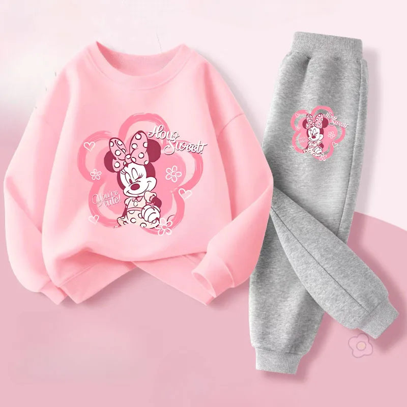 Pink Series Minnie Print Spring New Children's Clothing Sets Girls Long Sleeved Pullover Pants 2pcs Suit Kids Casual Sweatsuit