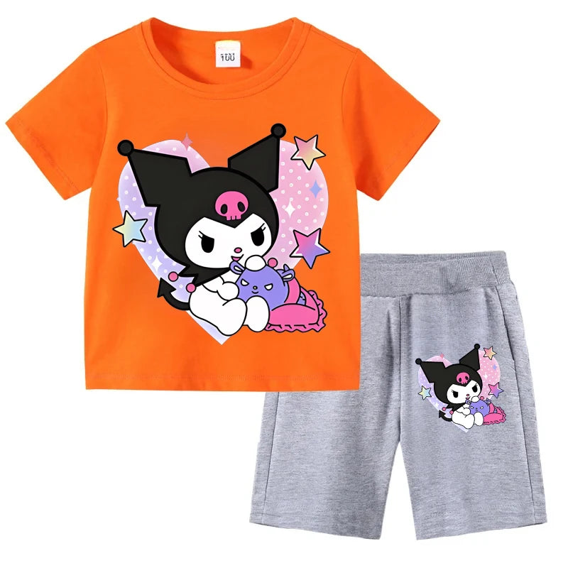 Sanrio Children's T-shirts Set Kuromi Printed Girls Summer Trend Baby Short Sleeve Shorts Two-piece Set Kids Outfits