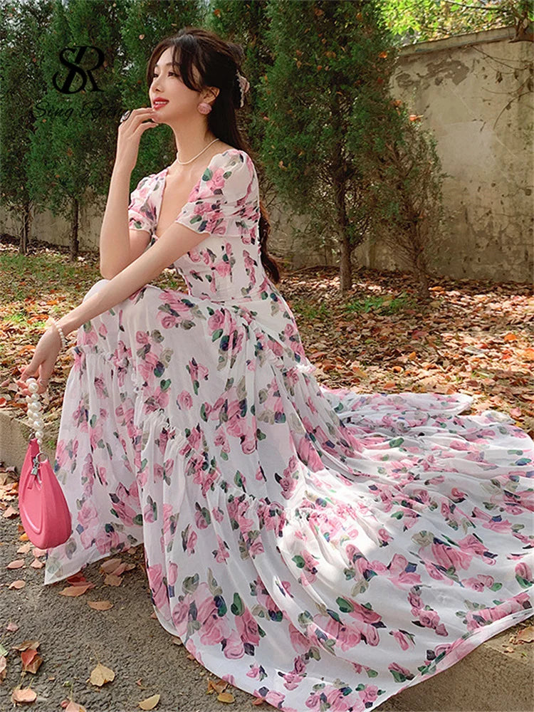 SINGREINY Beach Vacation Floral Print Dress Women Backless Lace Up Cross Bandage Ruched Korean Hotsweet Fashion Party Long Dress
