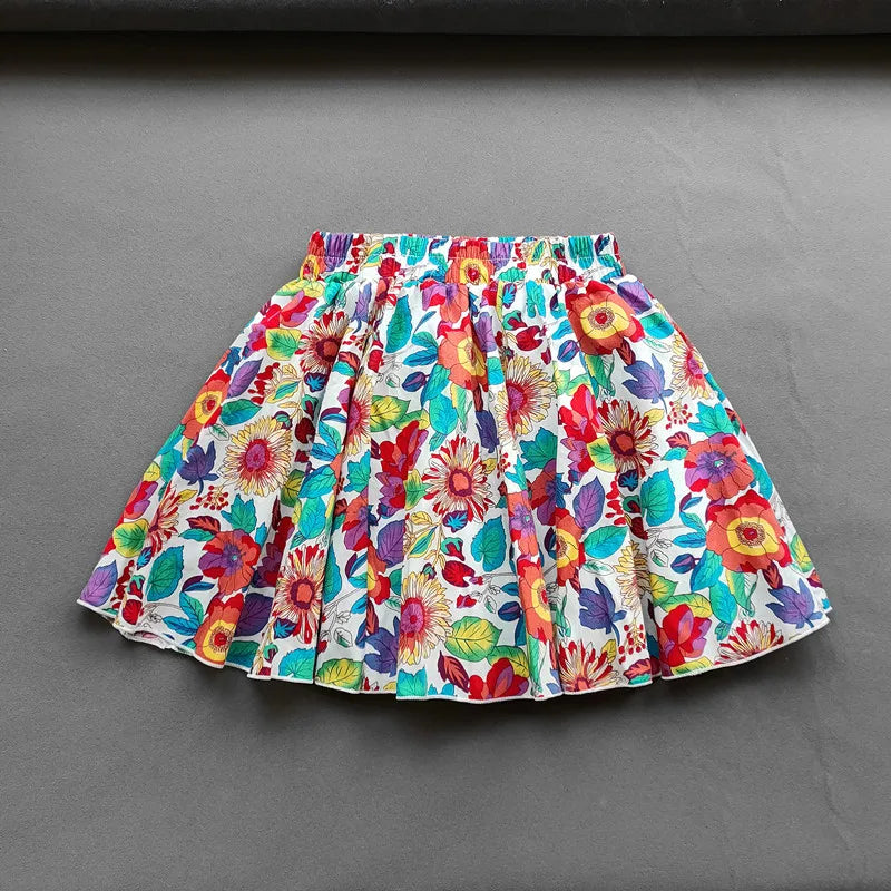 Kids Girls Cotton Print Princess Pleated Skirt Sweet Big Kids Girls Tutu Skirts Elastic Waist Mini Skirt Clothes For Girls