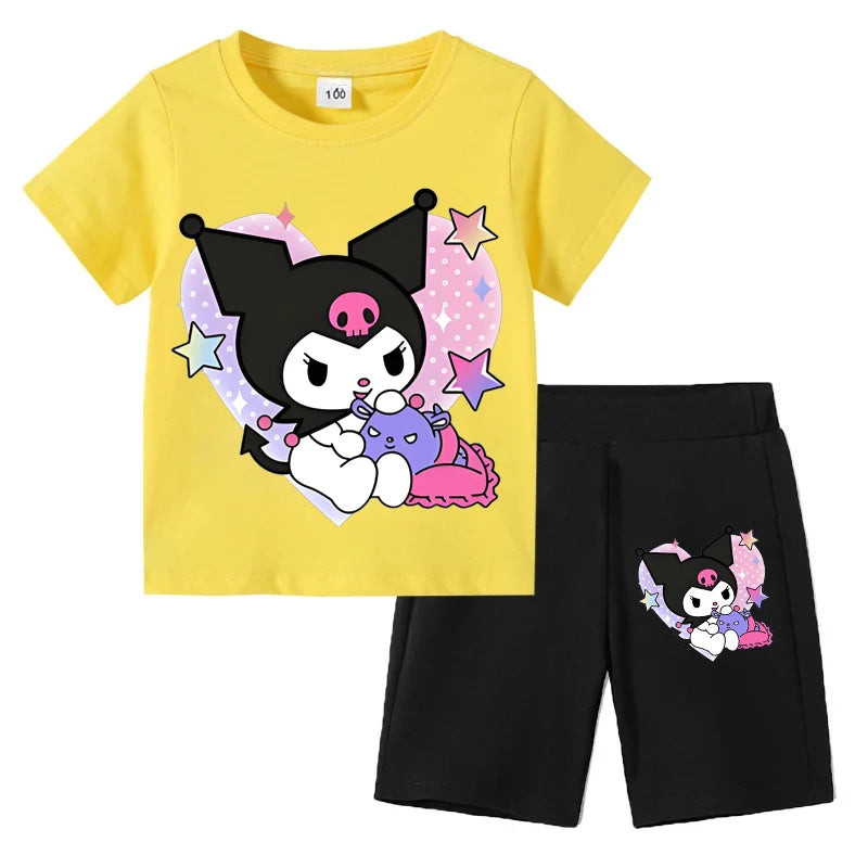 Sanrio Children's T-shirts Set Kuromi Printed Girls Summer Trend Baby Short Sleeve Shorts Two-piece Set Kids Outfits