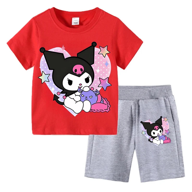Sanrio Children's T-shirts Set Kuromi Printed Girls Summer Trend Baby Short Sleeve Shorts Two-piece Set Kids Outfits