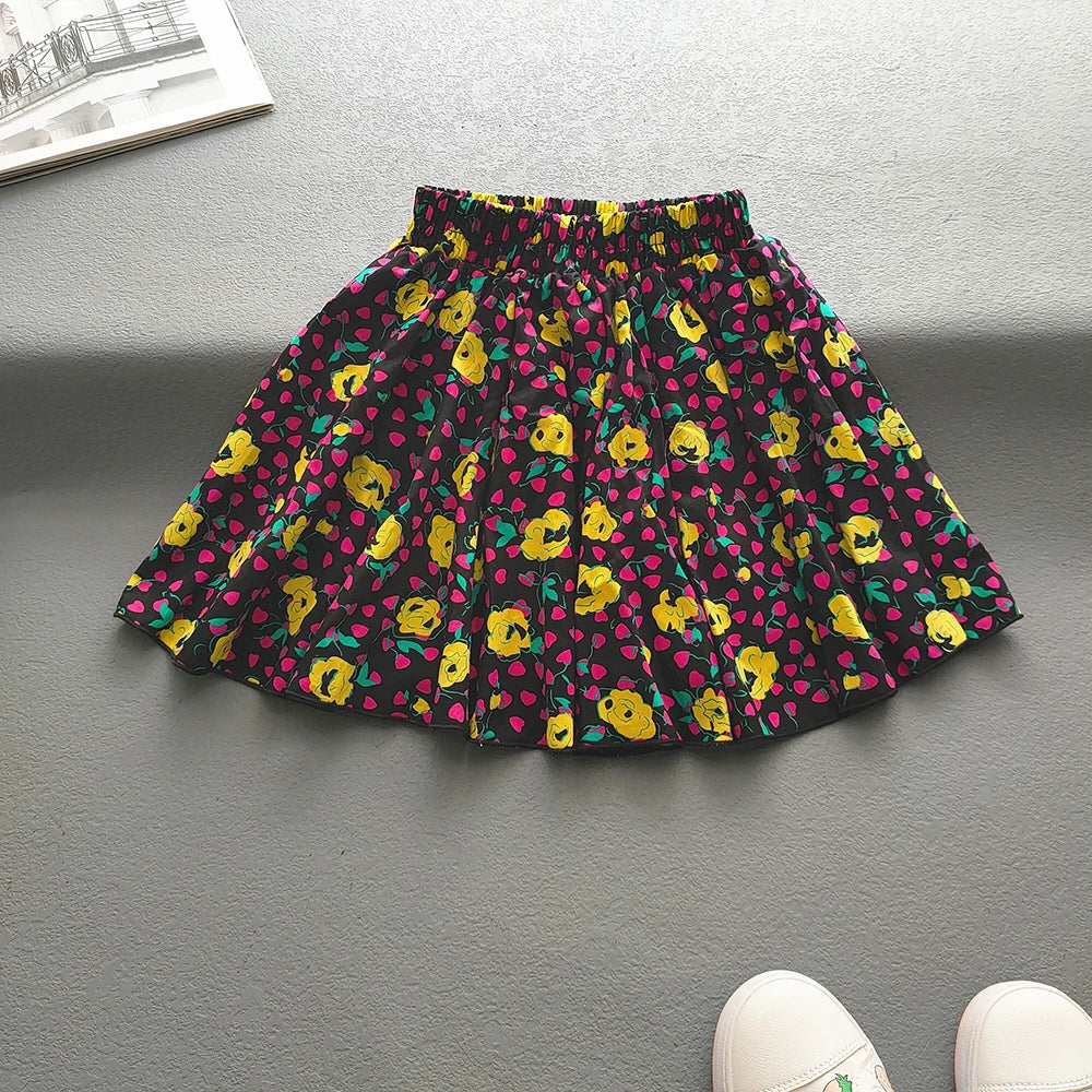 Kids Girls Cotton Print Princess Pleated Skirt Sweet Big Kids Girls Tutu Skirts Elastic Waist Mini Skirt Clothes For Girls