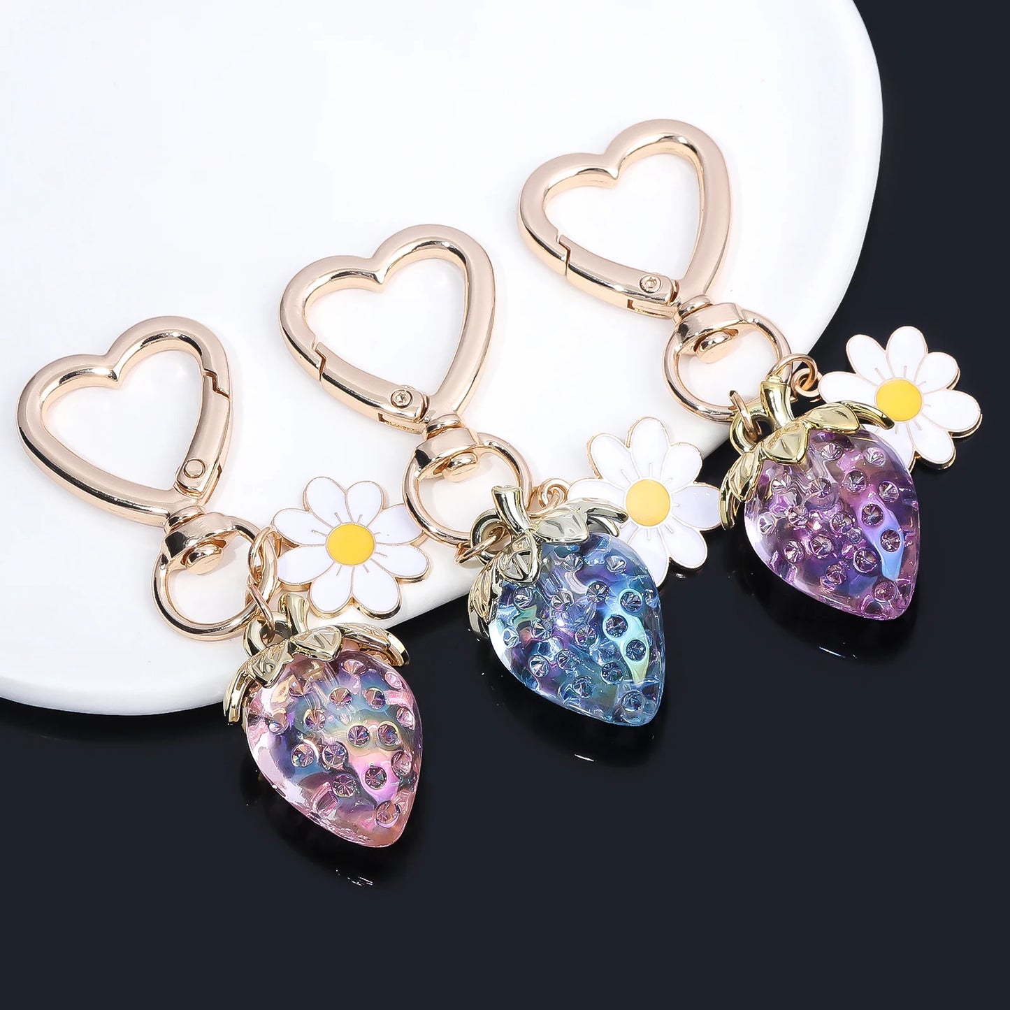 Cute Strawberry Bag Pendant Keychain Kawaii Heart Flower Daisy Key Chain for Women Girs Bag Purse Pendant Accessories Gift