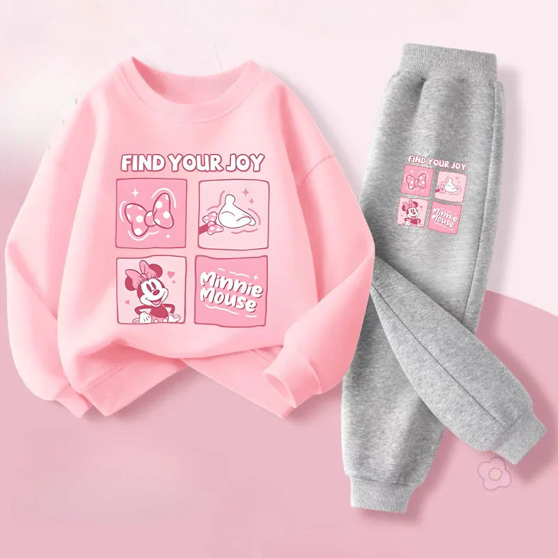 Pink Series Minnie Print Spring New Children's Clothing Sets Girls Long Sleeved Pullover Pants 2pcs Suit Kids Casual Sweatsuit