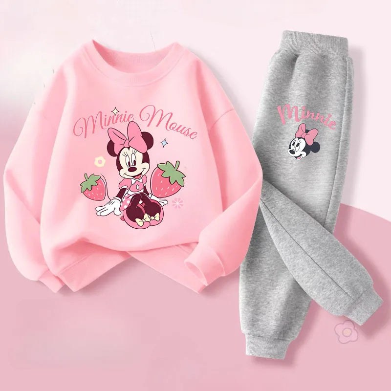 Pink Series Minnie Print Spring New Children's Clothing Sets Girls Long Sleeved Pullover Pants 2pcs Suit Kids Casual Sweatsuit