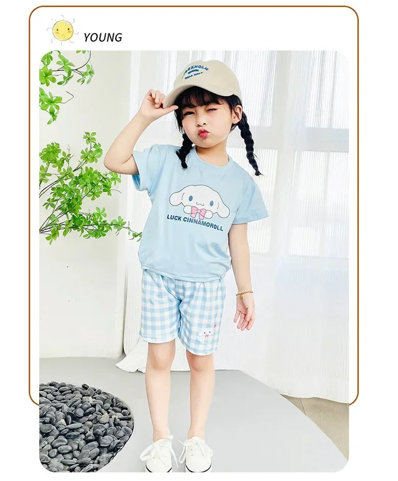 Kids Boys Girls Summer Cartoon Print Short Sleeve T-Shirt Tops with Shorts Toddler Baby Clothing Sets Kitty Kuromi Kids Outfits