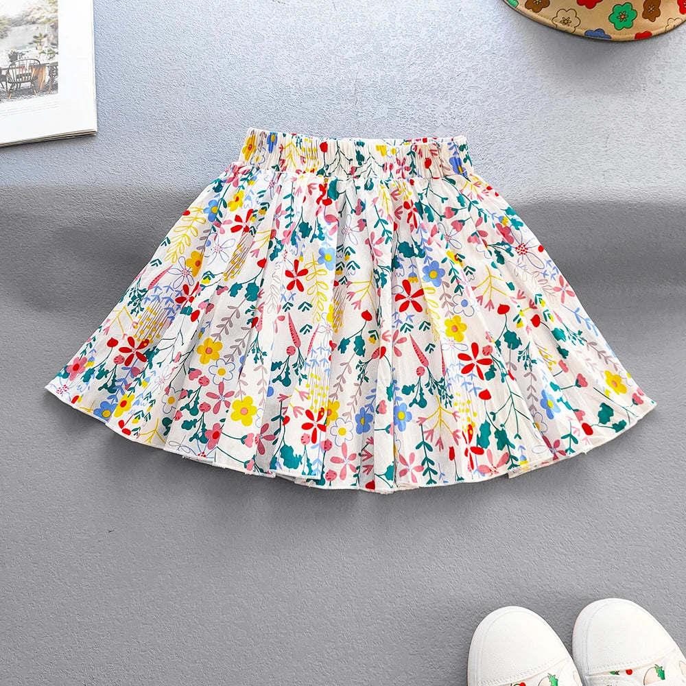 Kids Girls Cotton Print Princess Pleated Skirt Sweet Big Kids Girls Tutu Skirts Elastic Waist Mini Skirt Clothes For Girls