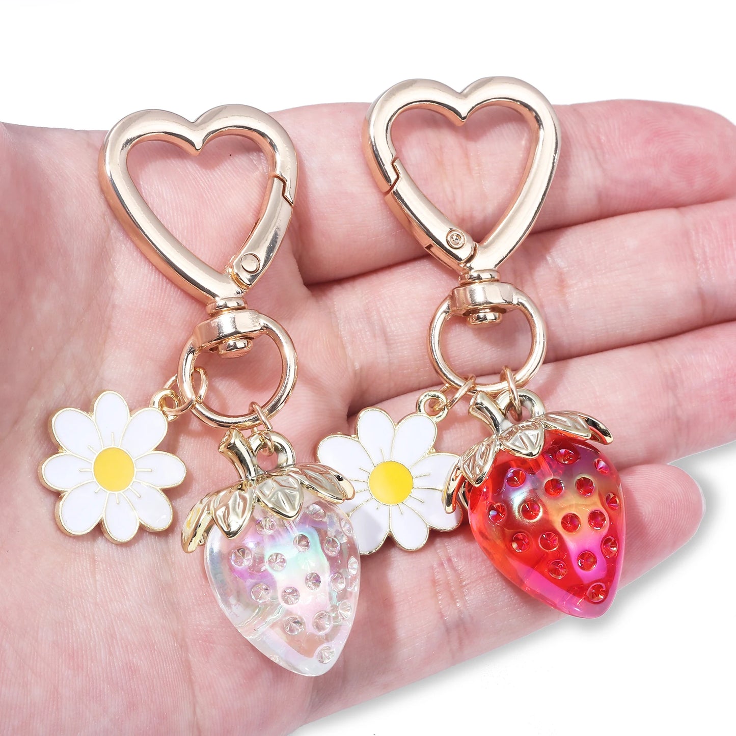 Cute Strawberry Bag Pendant Keychain Kawaii Heart Flower Daisy Key Chain for Women Girs Bag Purse Pendant Accessories Gift
