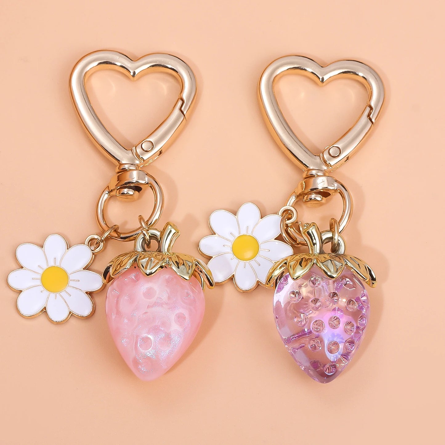 Cute Strawberry Bag Pendant Keychain Kawaii Heart Flower Daisy Key Chain for Women Girs Bag Purse Pendant Accessories Gift