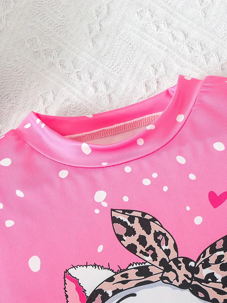 2pcs Summer Girls' Short-sleeved Casual Holiday Bow Kitten Print Children's Suit