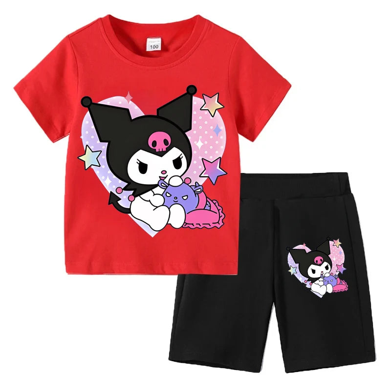 Sanrio Children's T-shirts Set Kuromi Printed Girls Summer Trend Baby Short Sleeve Shorts Two-piece Set Kids Outfits