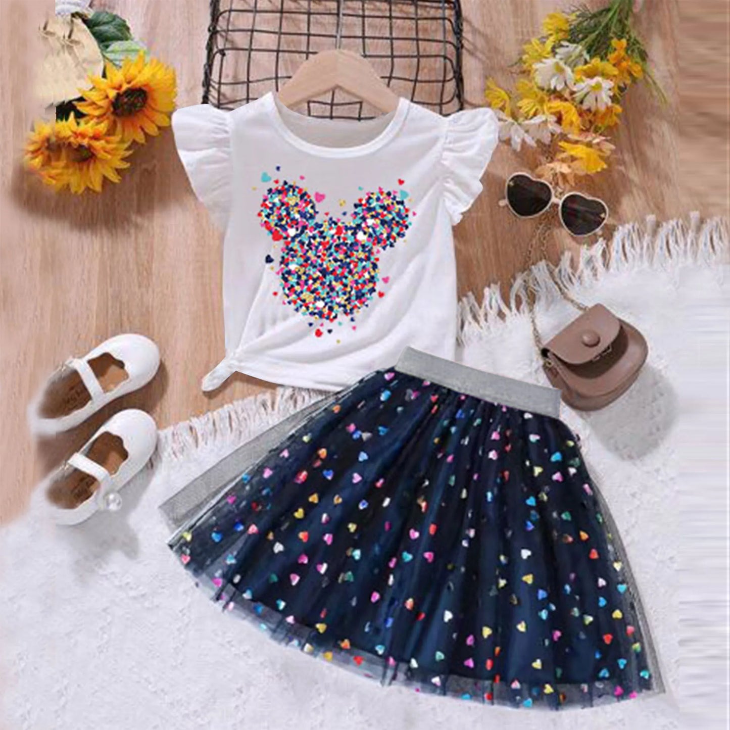 Summer toddler Girls' Clothing Sets Heart Print Short-Sleeved Tops Colorful hearts Tutu Skirt 2Pcs Outfits Valentine's Day Gift