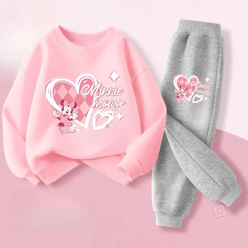 Pink Series Minnie Print Spring New Children's Clothing Sets Girls Long Sleeved Pullover Pants 2pcs Suit Kids Casual Sweatsuit