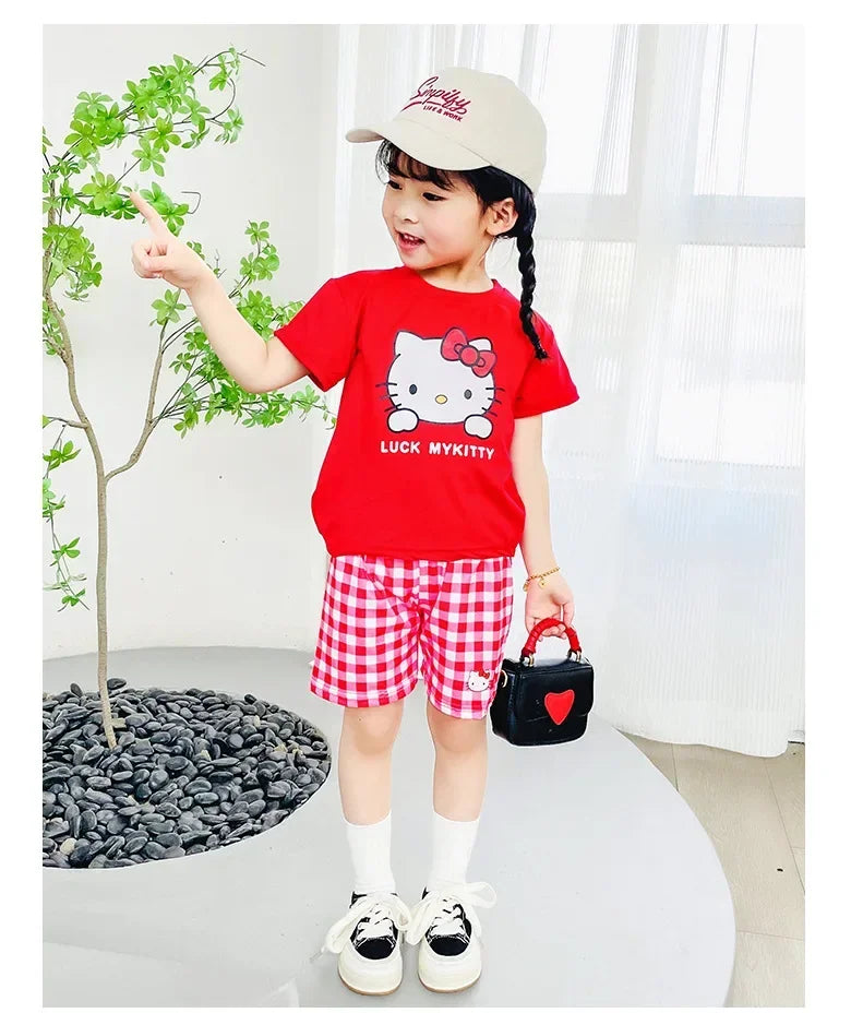 Kids Boys Girls Summer Cartoon Print Short Sleeve T-Shirt Tops with Shorts Toddler Baby Clothing Sets Kitty Kuromi Kids Outfits