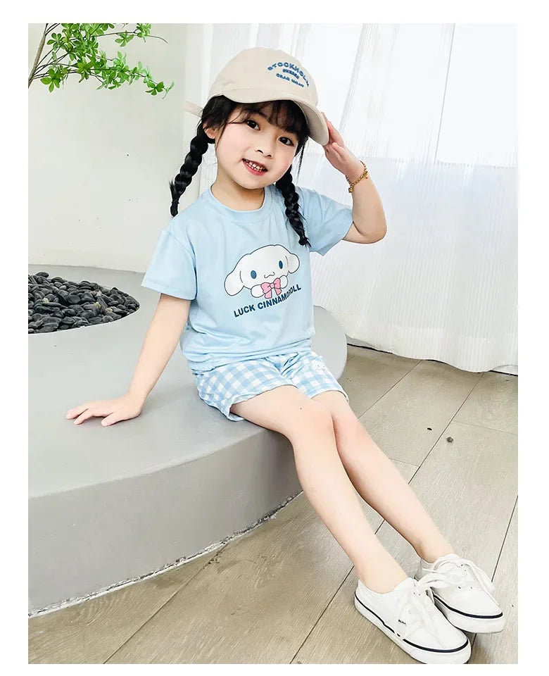 Kids Boys Girls Summer Cartoon Print Short Sleeve T-Shirt Tops with Shorts Toddler Baby Clothing Sets Kitty Kuromi Kids Outfits