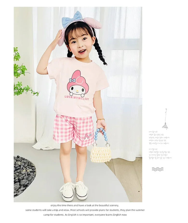 Kids Boys Girls Summer Cartoon Print Short Sleeve T-Shirt Tops with Shorts Toddler Baby Clothing Sets Kitty Kuromi Kids Outfits