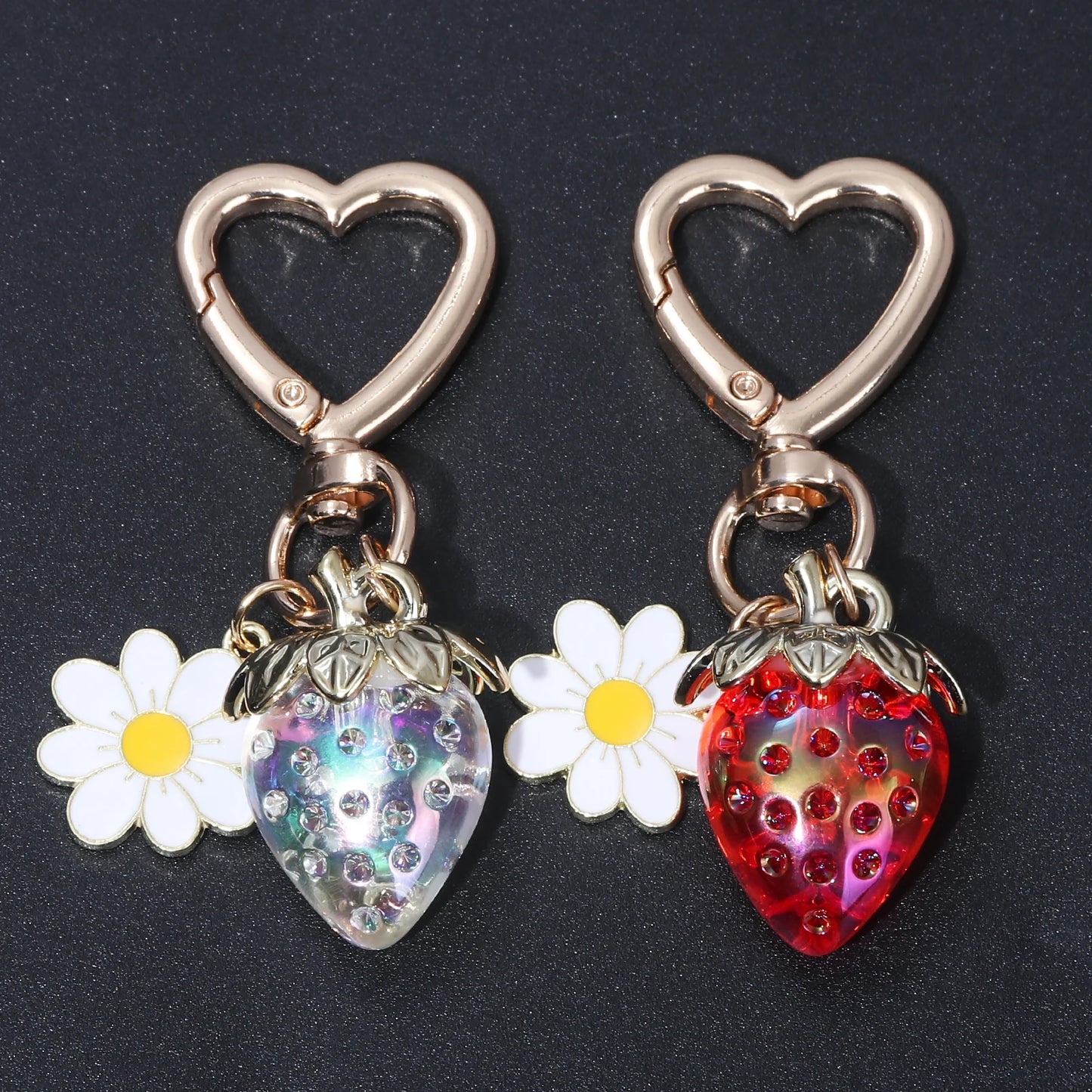 Cute Strawberry Bag Pendant Keychain Kawaii Heart Flower Daisy Key Chain for Women Girs Bag Purse Pendant Accessories Gift
