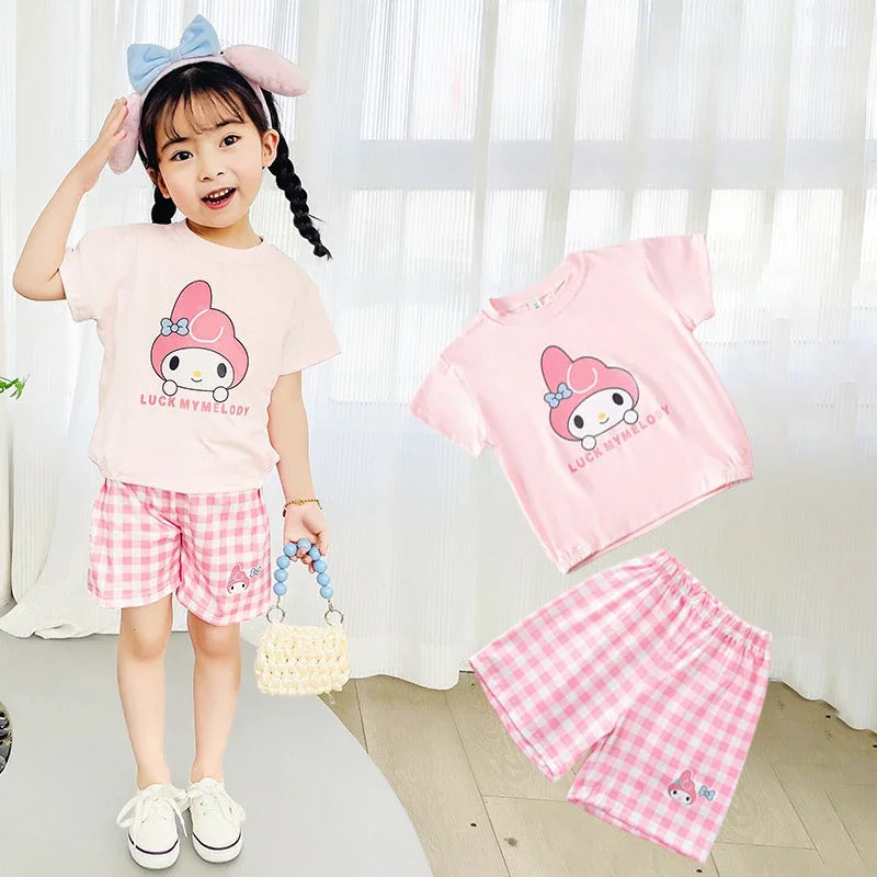 Kids Boys Girls Summer Cartoon Print Short Sleeve T-Shirt Tops with Shorts Toddler Baby Clothing Sets Kitty Kuromi Kids Outfits