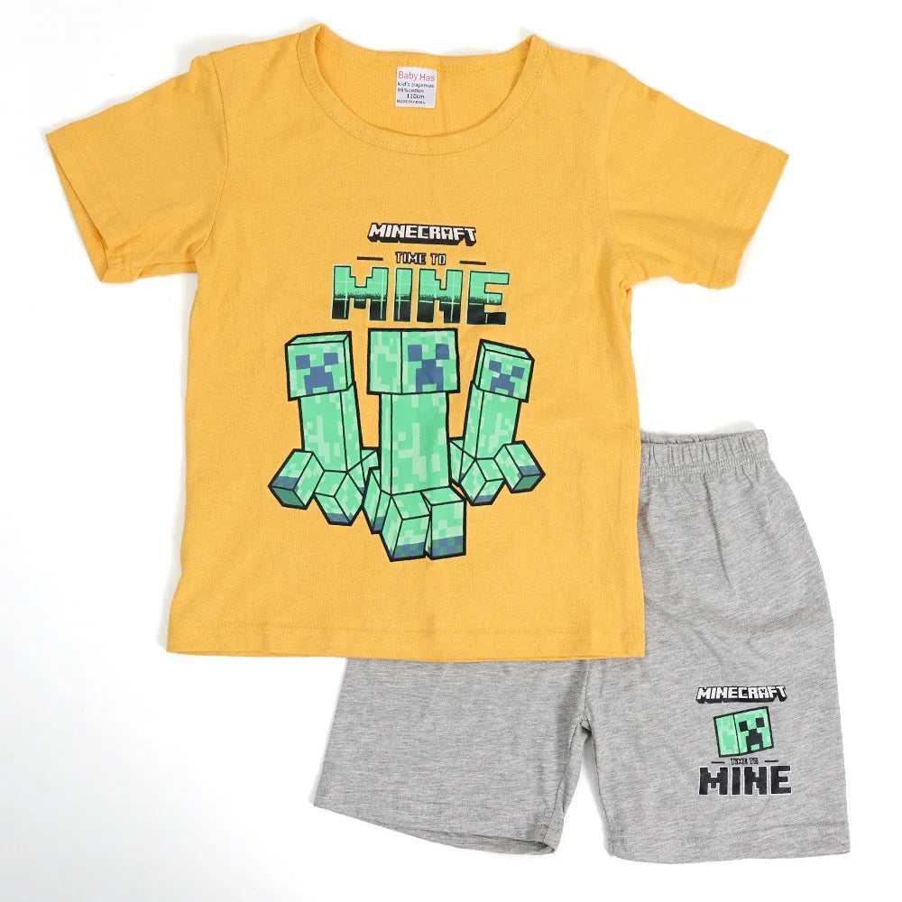 Cartoon Minecrafts Summer Boys T-shirt Pants Suit 2pcs Set Children Short Sleeve Tee Shorts Clothes