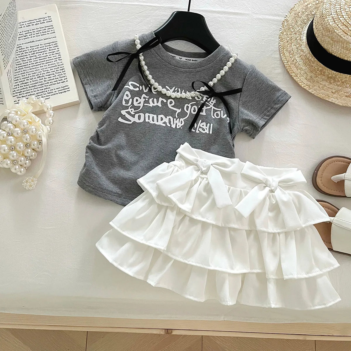 2PCS Girls Clothes Set Children Clothing Spring Flora Print Summer Baby Tops Tee Shirts Shorts Skirt Kids Girl Clothing 90-150