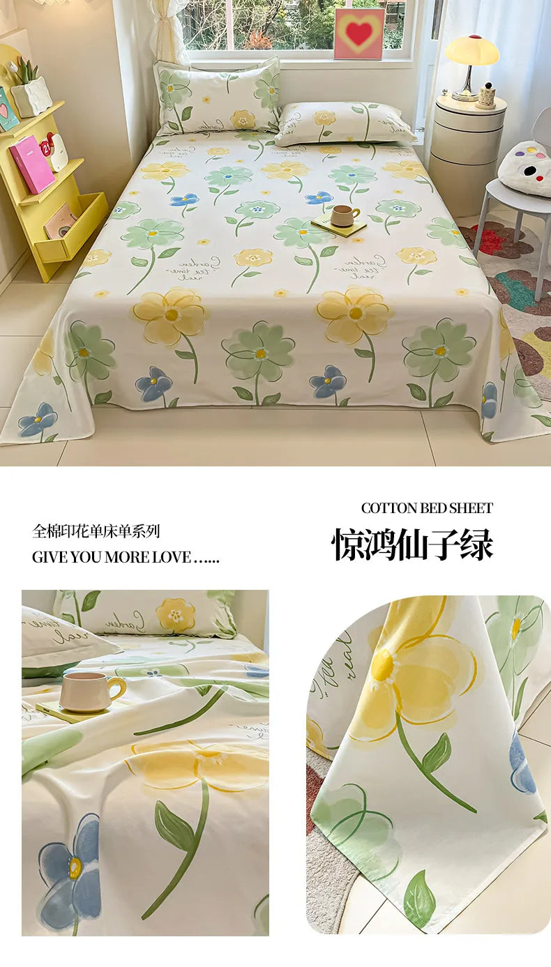1pcs 100% Cotton Bed Sheet Flower Series Printed Double Top King Sheets for Girls Boys Kids Single Queen King Size Bed Linen
