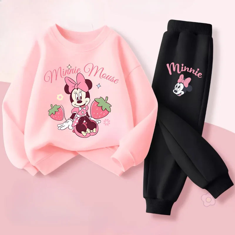 Pink Series Minnie Print Spring New Children's Clothing Sets Girls Long Sleeved Pullover Pants 2pcs Suit Kids Casual Sweatsuit