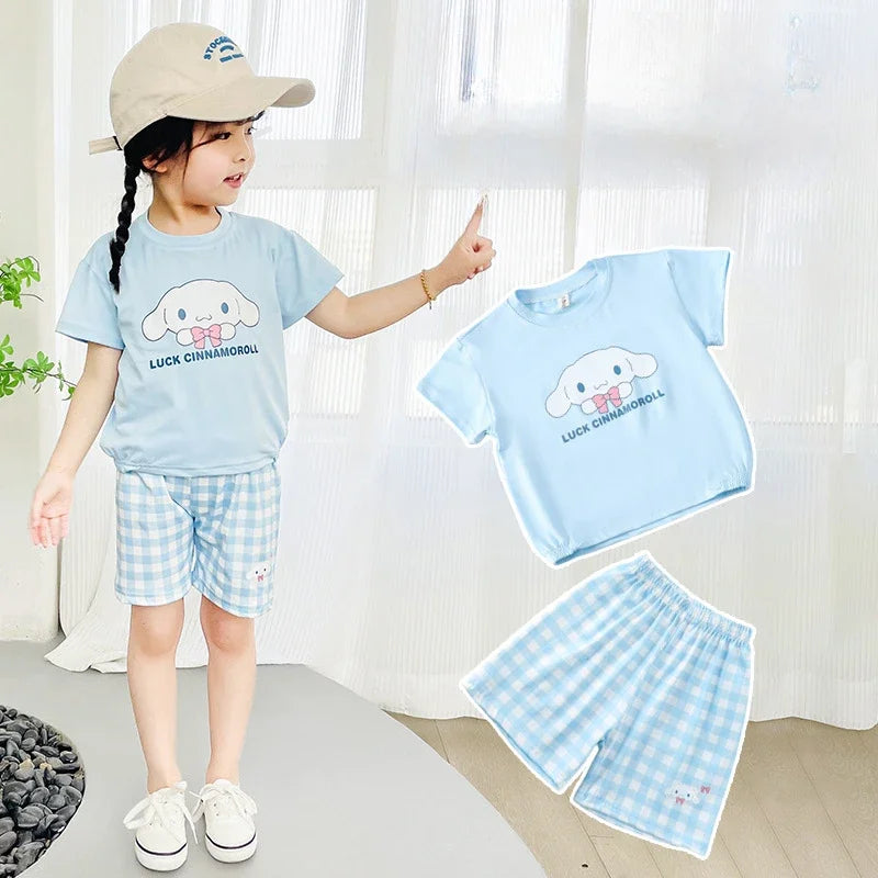 Kids Boys Girls Summer Cartoon Print Short Sleeve T-Shirt Tops with Shorts Toddler Baby Clothing Sets Kitty Kuromi Kids Outfits