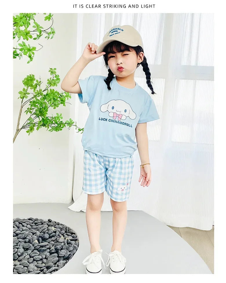 Kids Boys Girls Summer Cartoon Print Short Sleeve T-Shirt Tops with Shorts Toddler Baby Clothing Sets Kitty Kuromi Kids Outfits