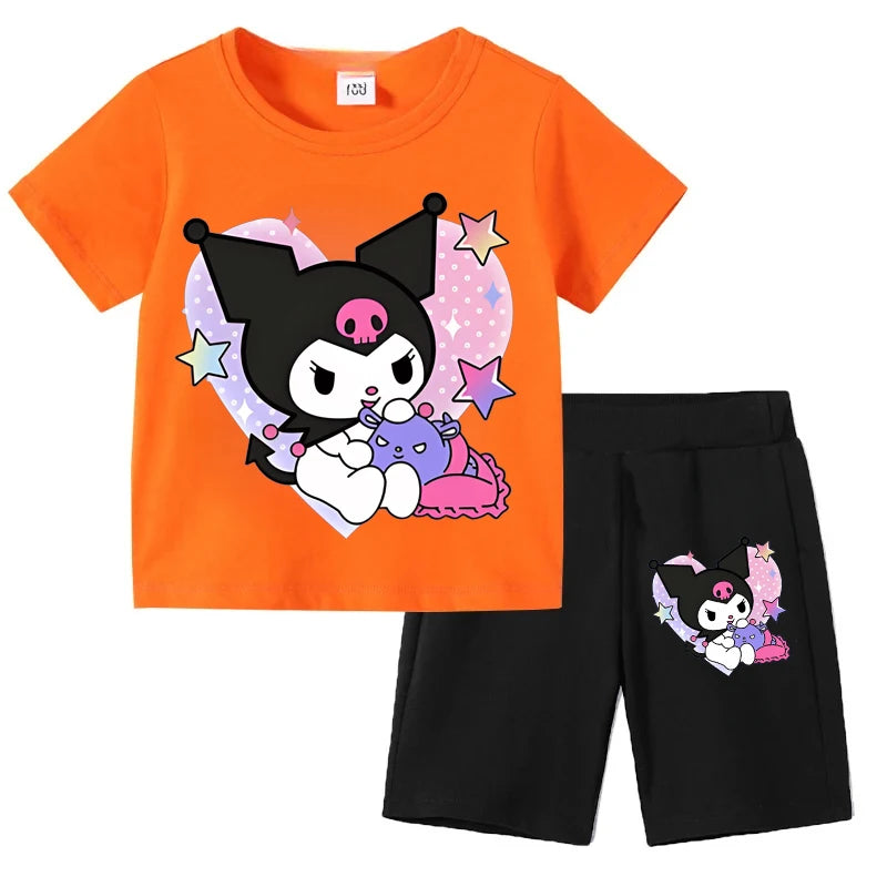 Sanrio Children's T-shirts Set Kuromi Printed Girls Summer Trend Baby Short Sleeve Shorts Two-piece Set Kids Outfits