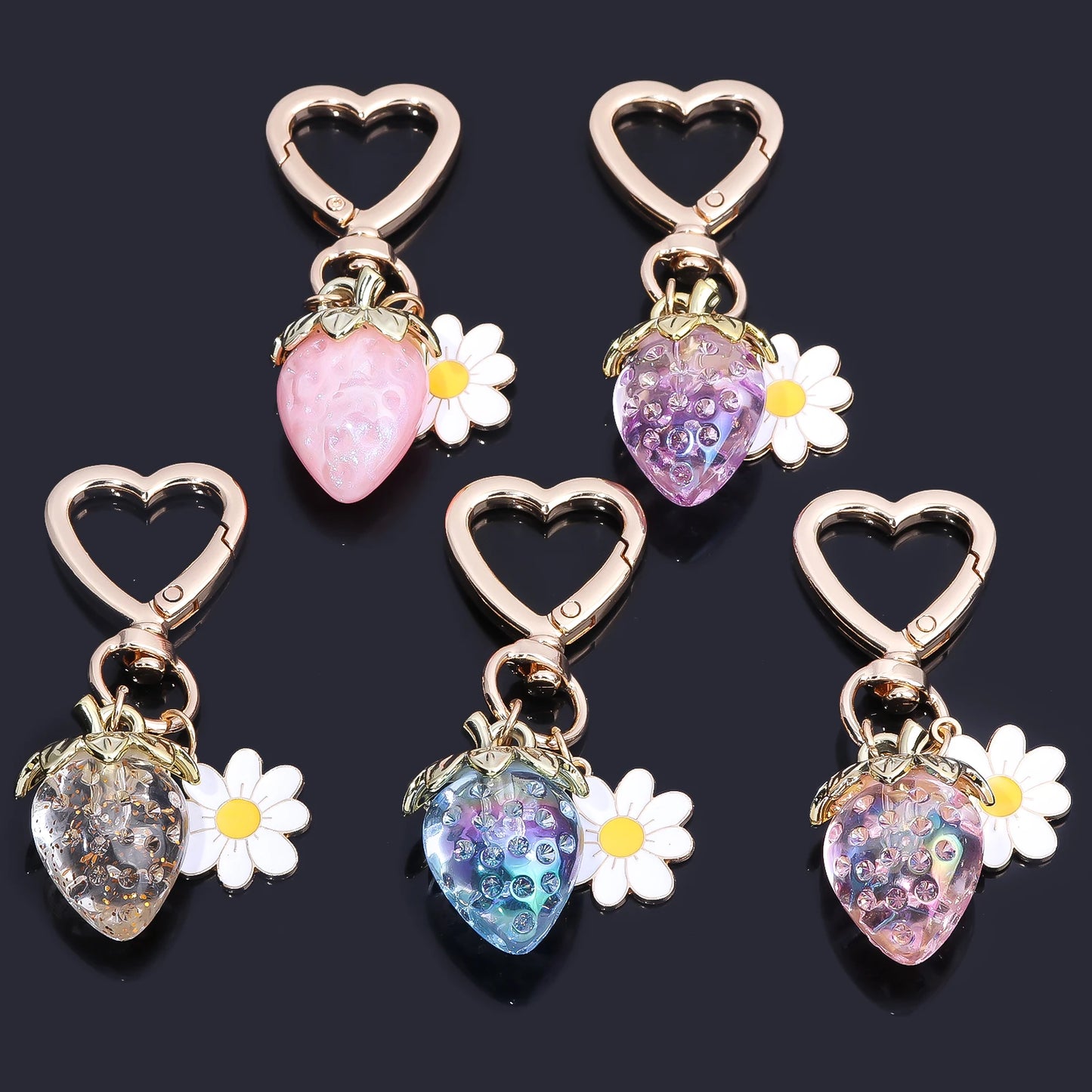 Cute Strawberry Bag Pendant Keychain Kawaii Heart Flower Daisy Key Chain for Women Girs Bag Purse Pendant Accessories Gift