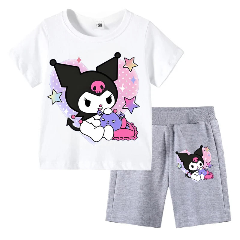 Sanrio Children's T-shirts Set Kuromi Printed Girls Summer Trend Baby Short Sleeve Shorts Two-piece Set Kids Outfits